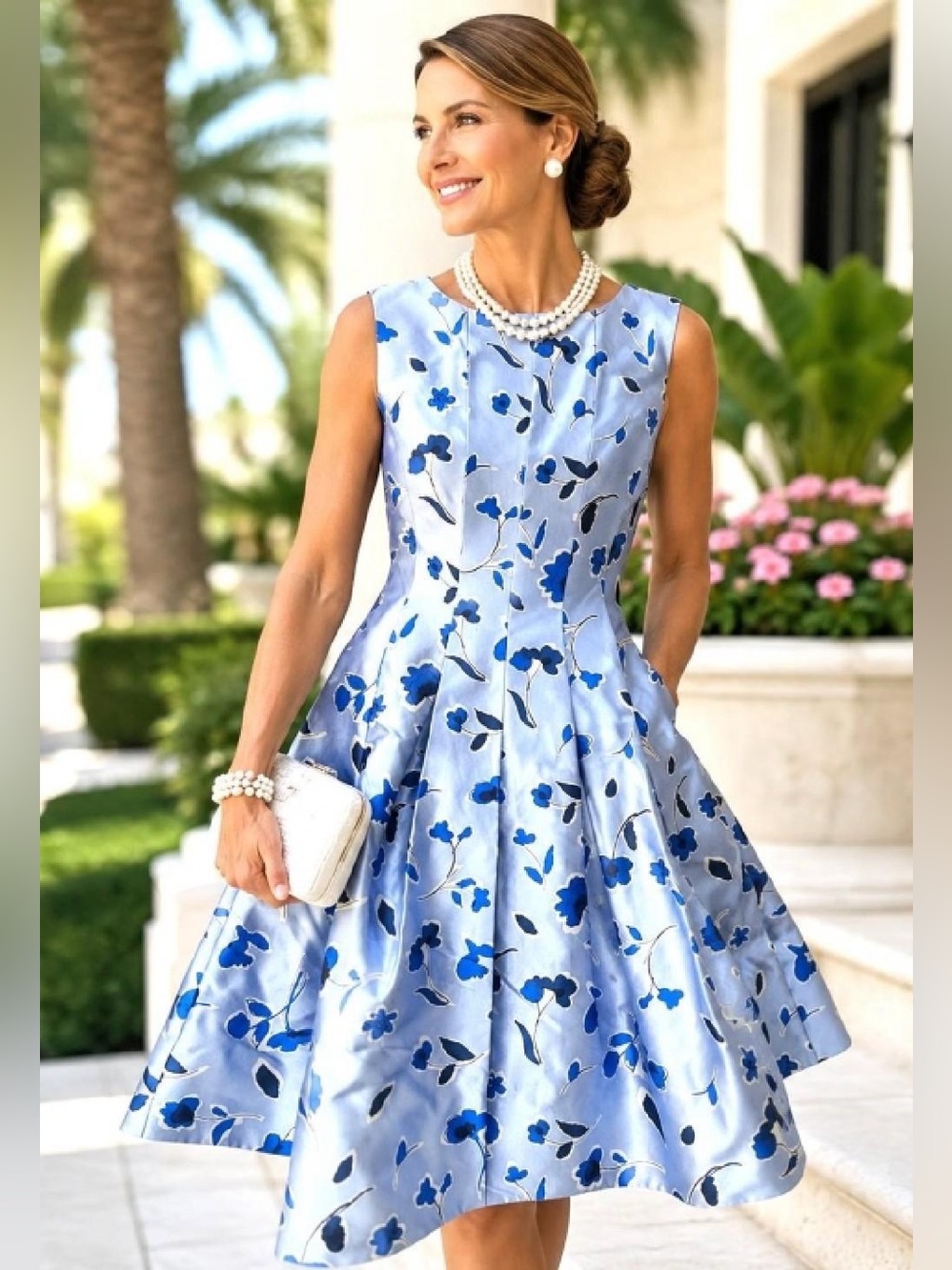NWOT Oscar de la Renta Blue Floral Pleated A-Line Mini Dress Size 6